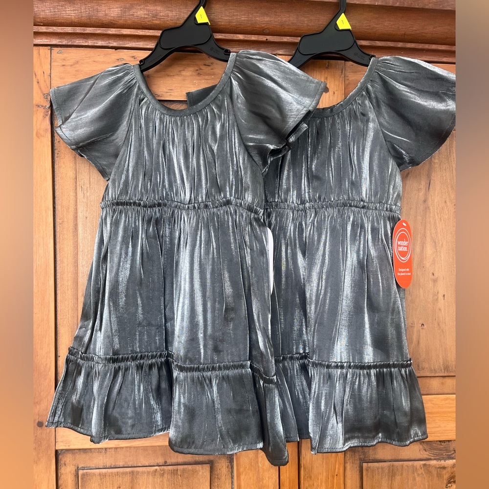 NWT - 2 Twin Girl’s 3T Short Sleeved Silver Dresses
